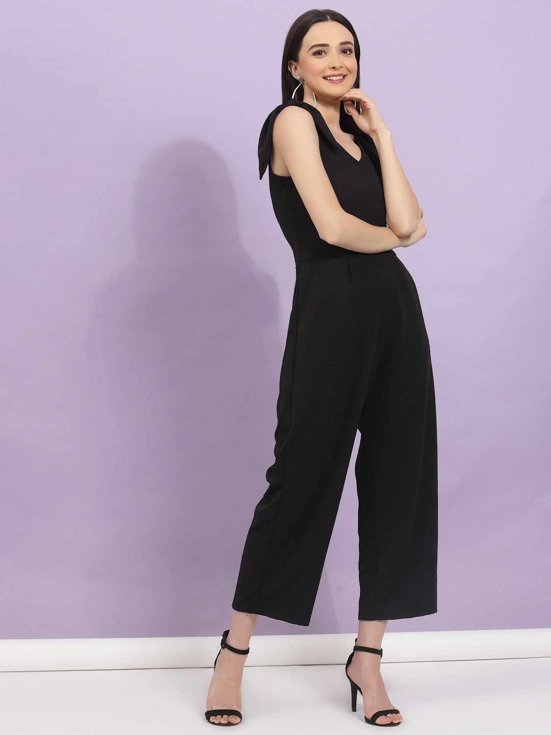 Women Black Poly Corduroy Jumpsuit