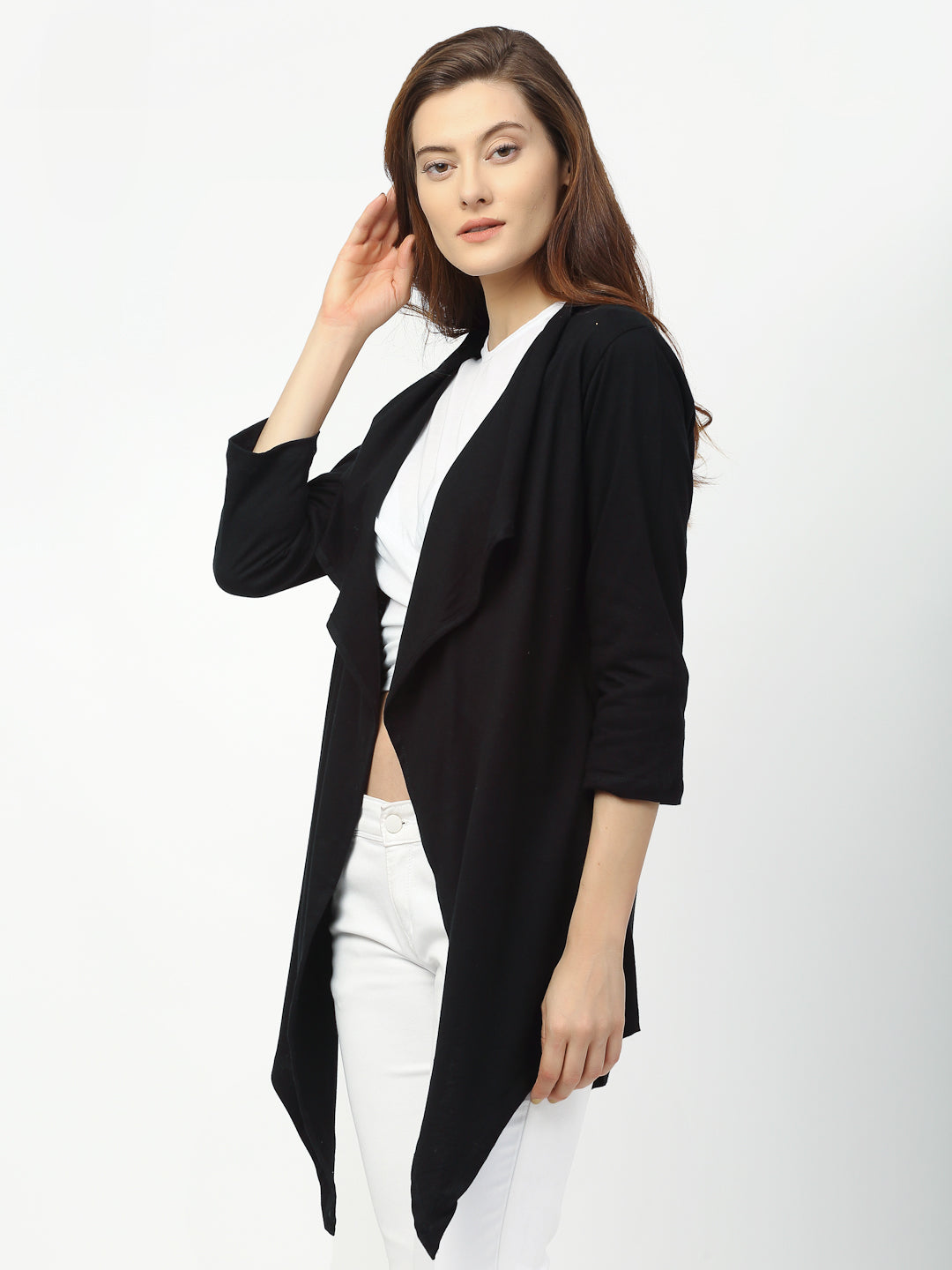 Women Black Waterfall Collar Front Open Long Shrug