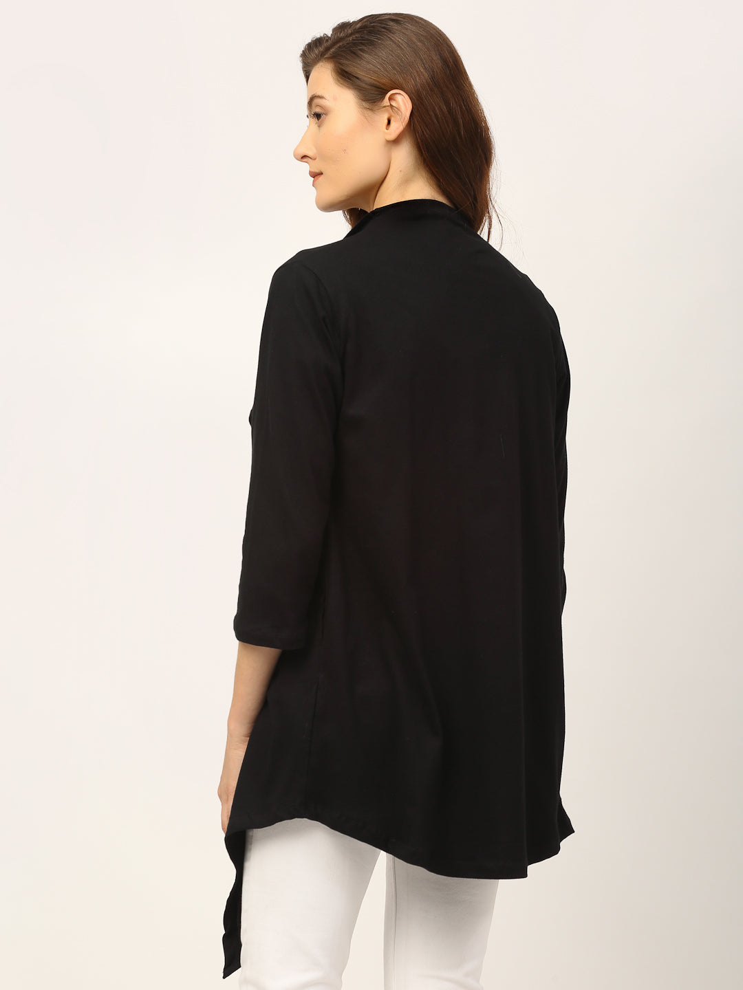 Women Black Waterfall Collar Front Open Long Shrug