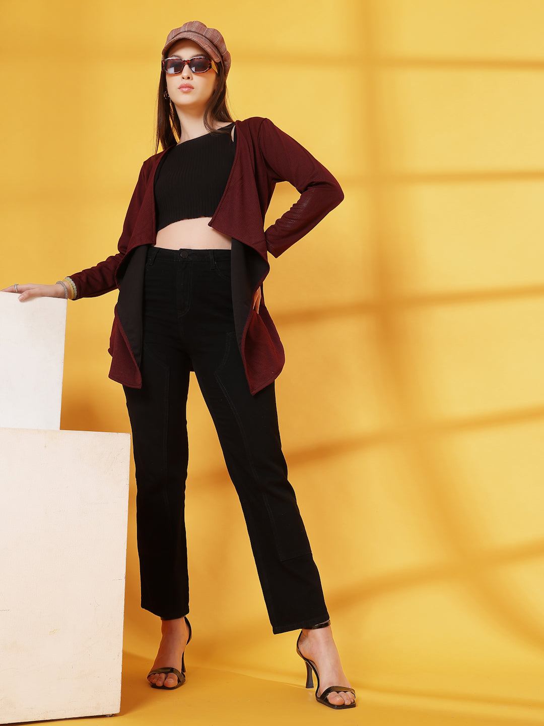 Women Maroon Ruffle Waffle Shrug