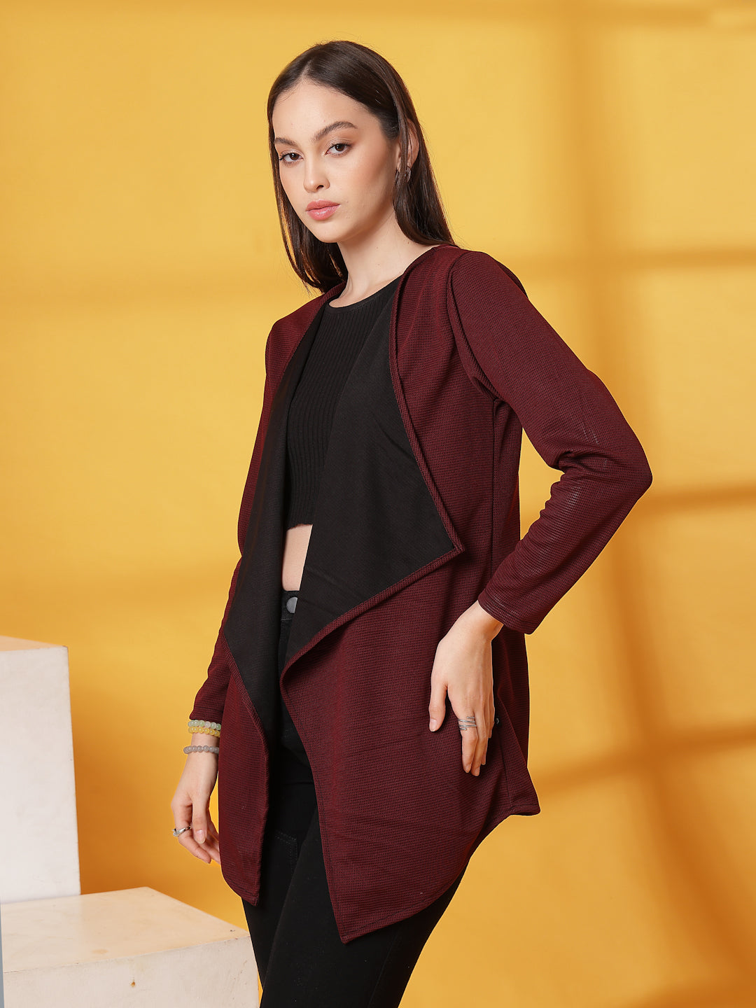 Women Maroon Ruffle Waffle Shrug