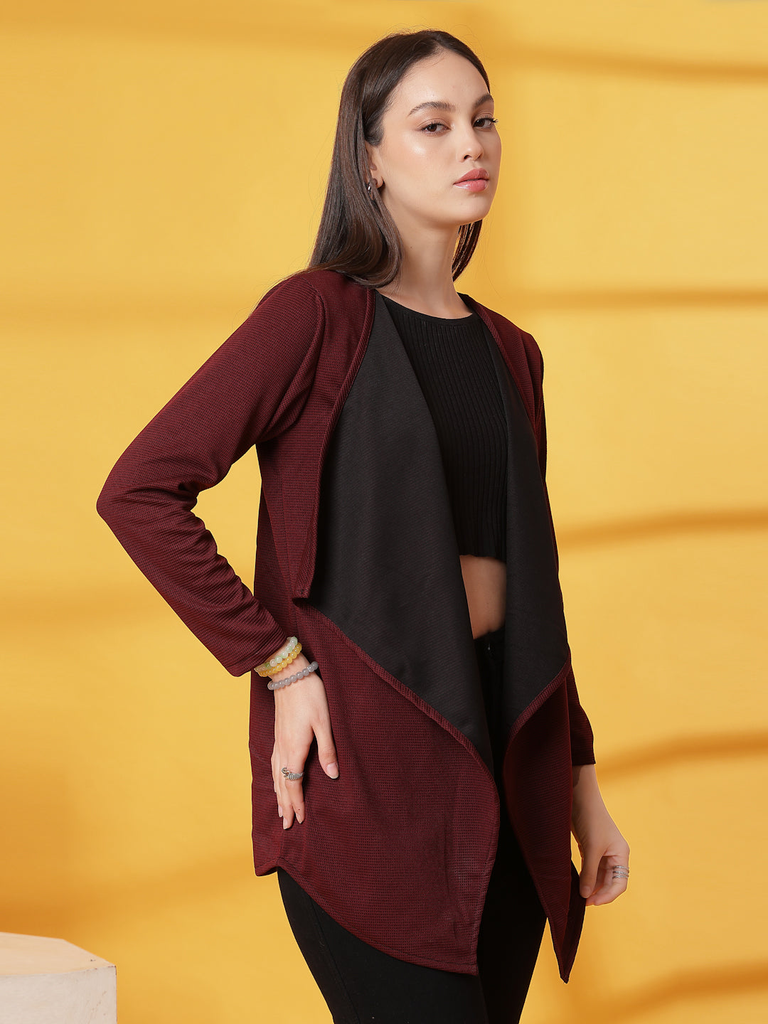 Women Maroon Ruffle Waffle Shrug