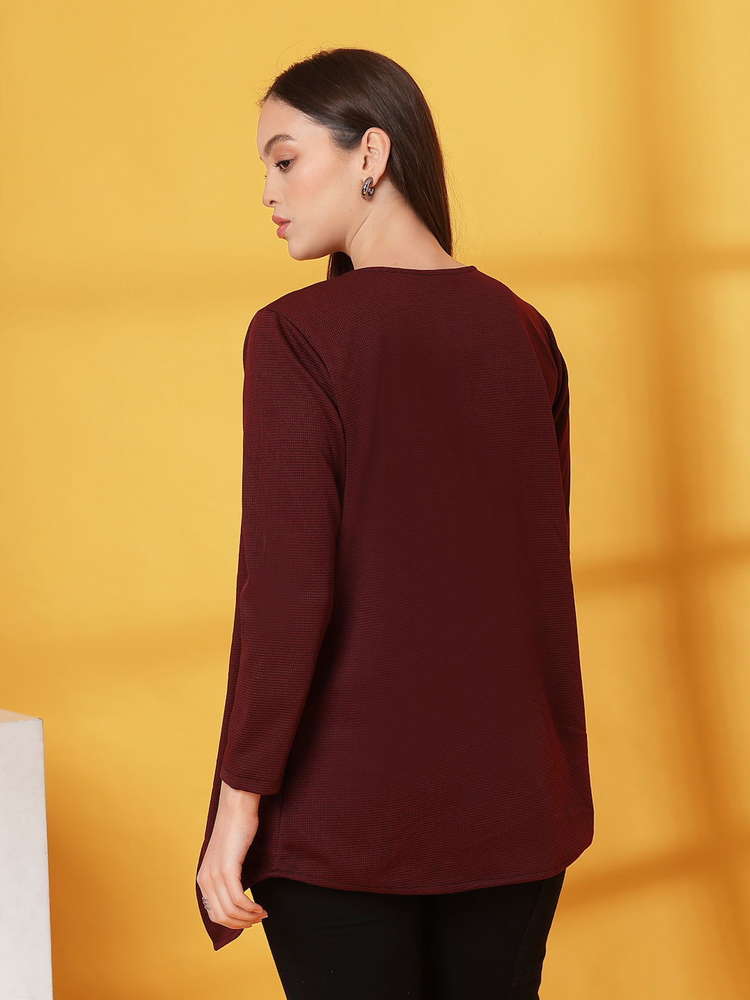 Women Maroon Ruffle Waffle Shrug