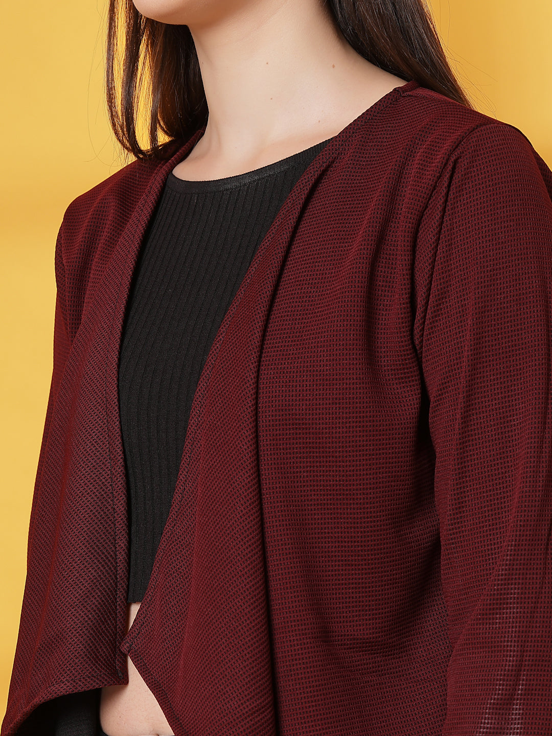 Women Maroon Ruffle Waffle Shrug