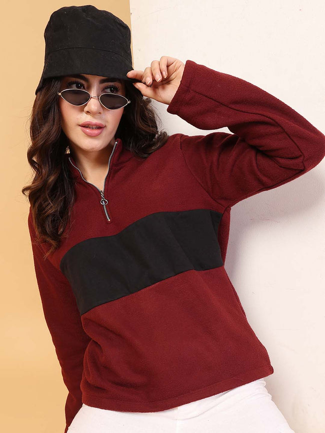 Women Maroon Colourblock Sweatshirt