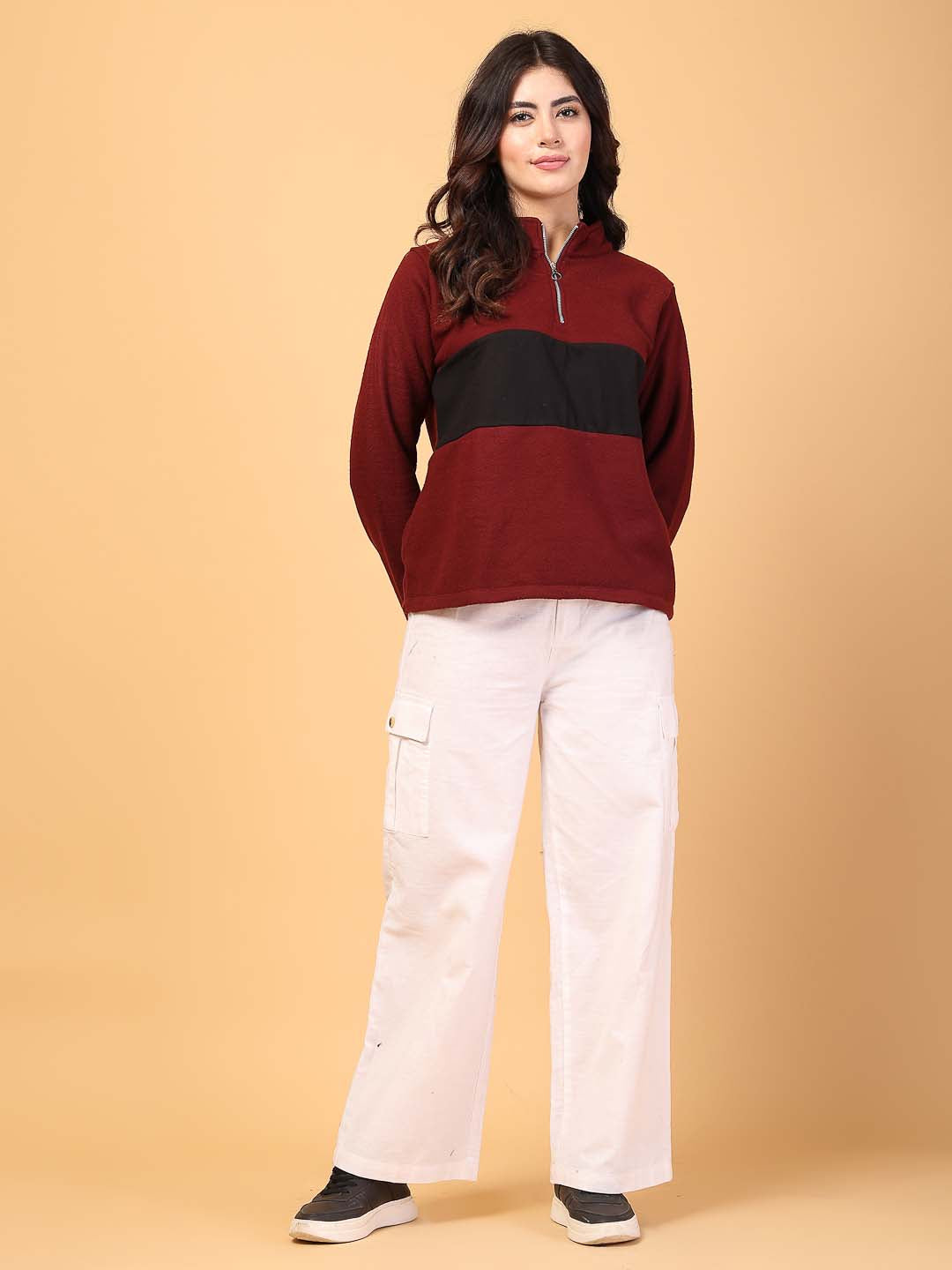 Women Maroon Colourblock Sweatshirt