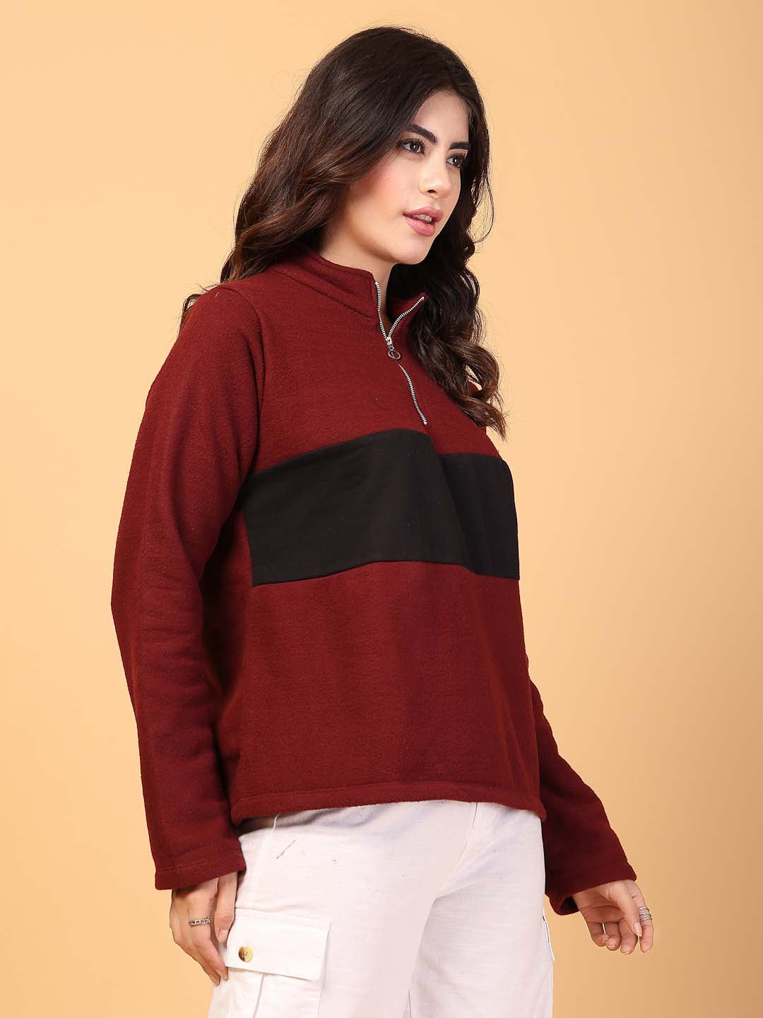 Women Maroon Colourblock Sweatshirt