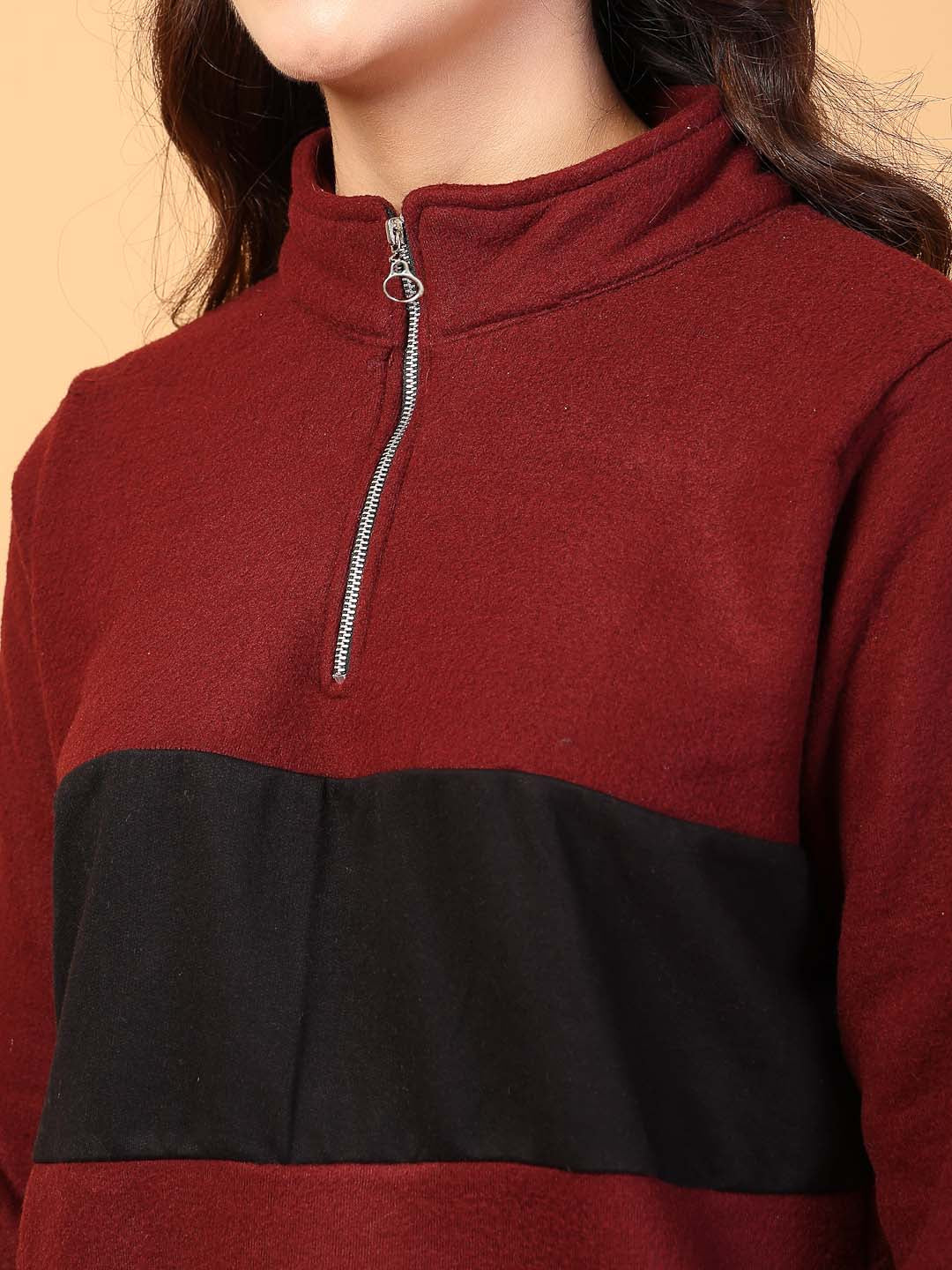 Women Maroon Colourblock Sweatshirt