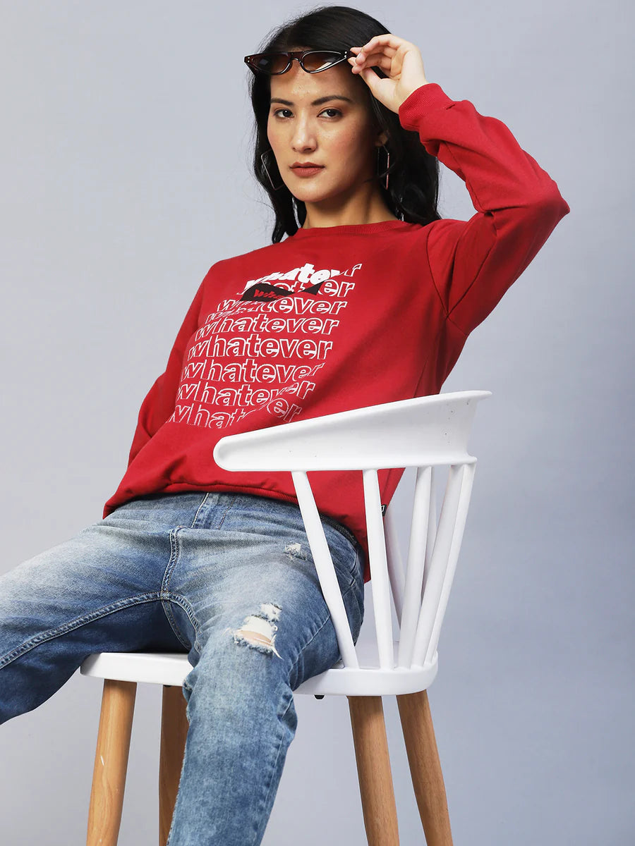 Women Maroon Printed Fleece Sweatshirt