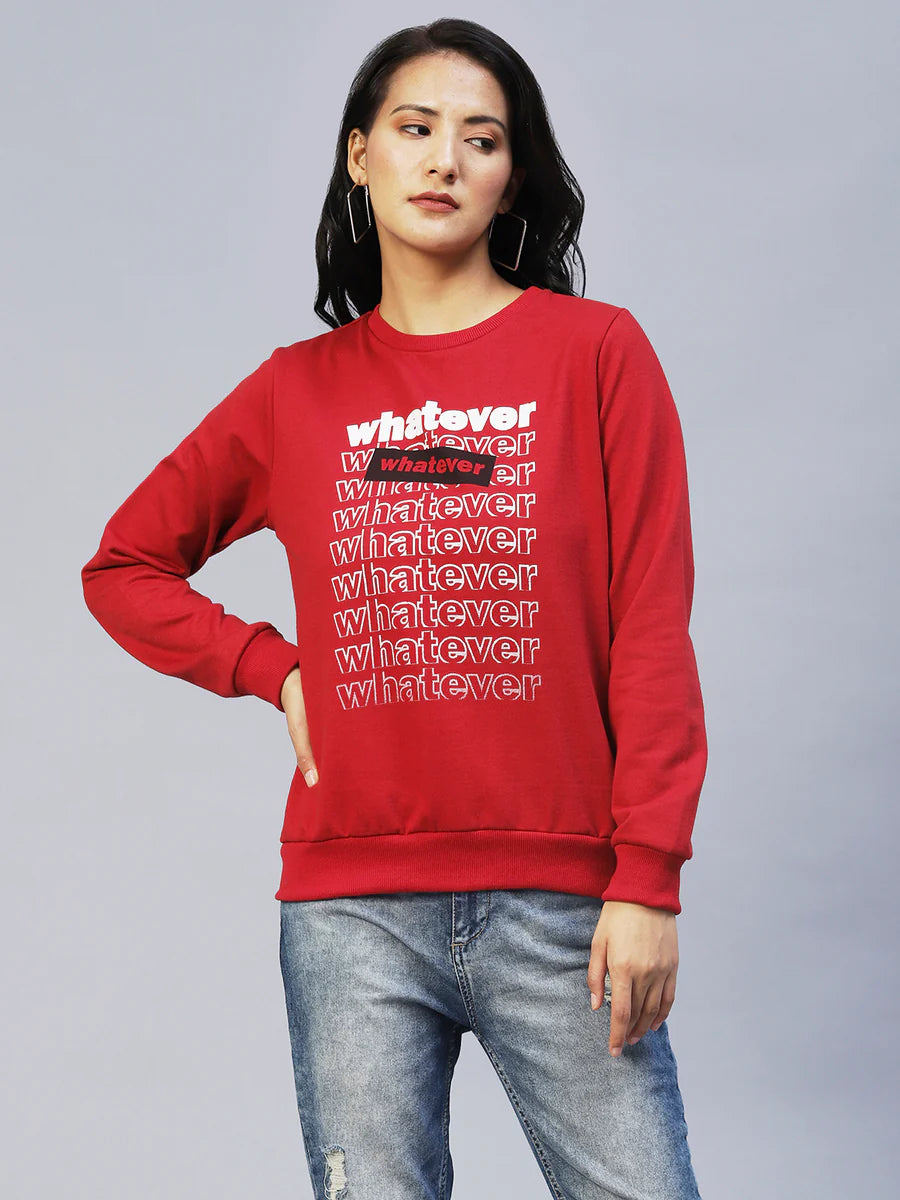 Women Maroon Printed Fleece Sweatshirt
