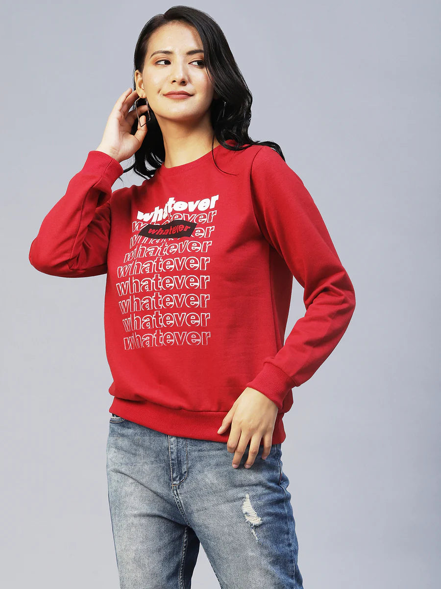 Women Maroon Printed Fleece Sweatshirt