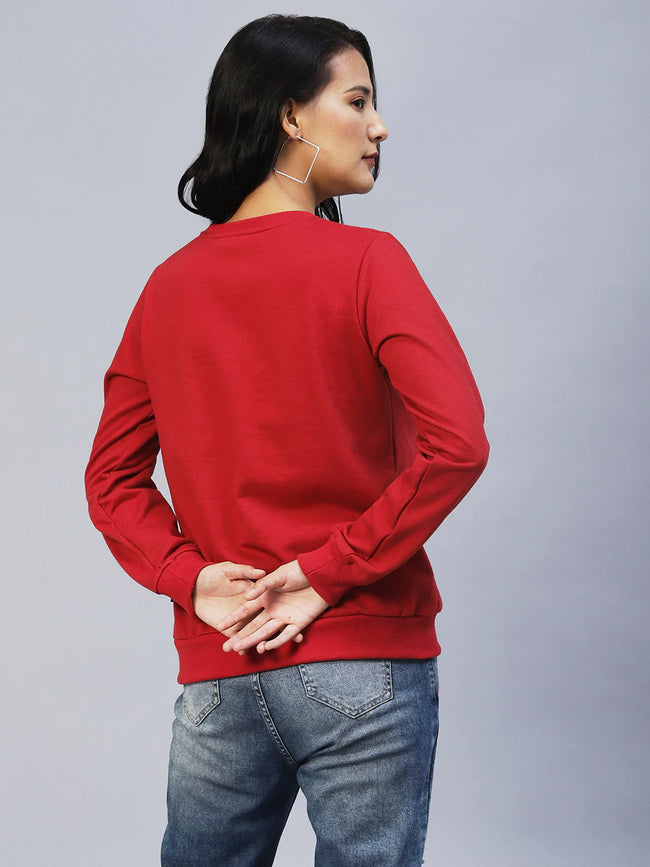Women Maroon Printed Fleece Sweatshirt