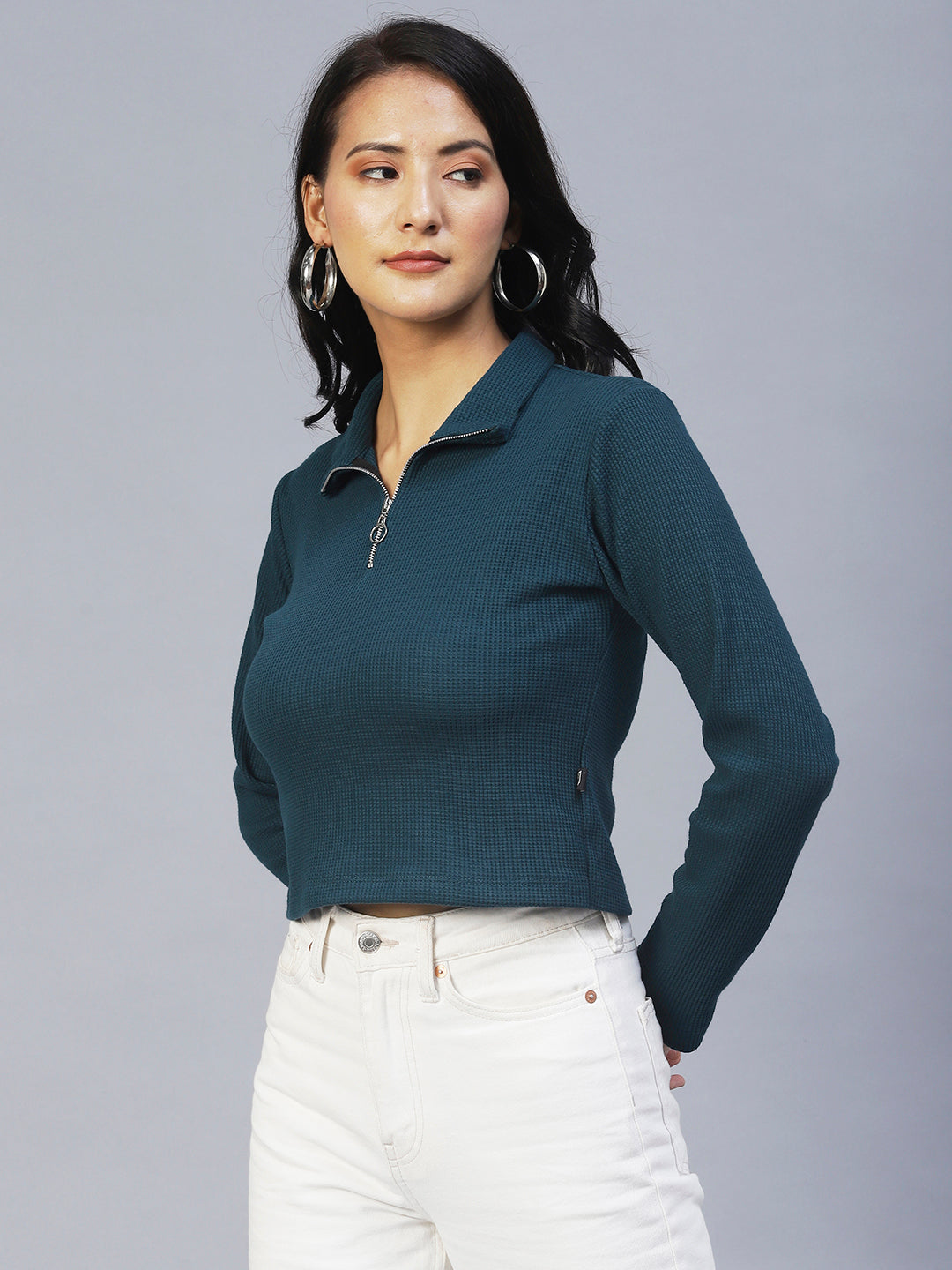 Women Teal Waffle Crop Top