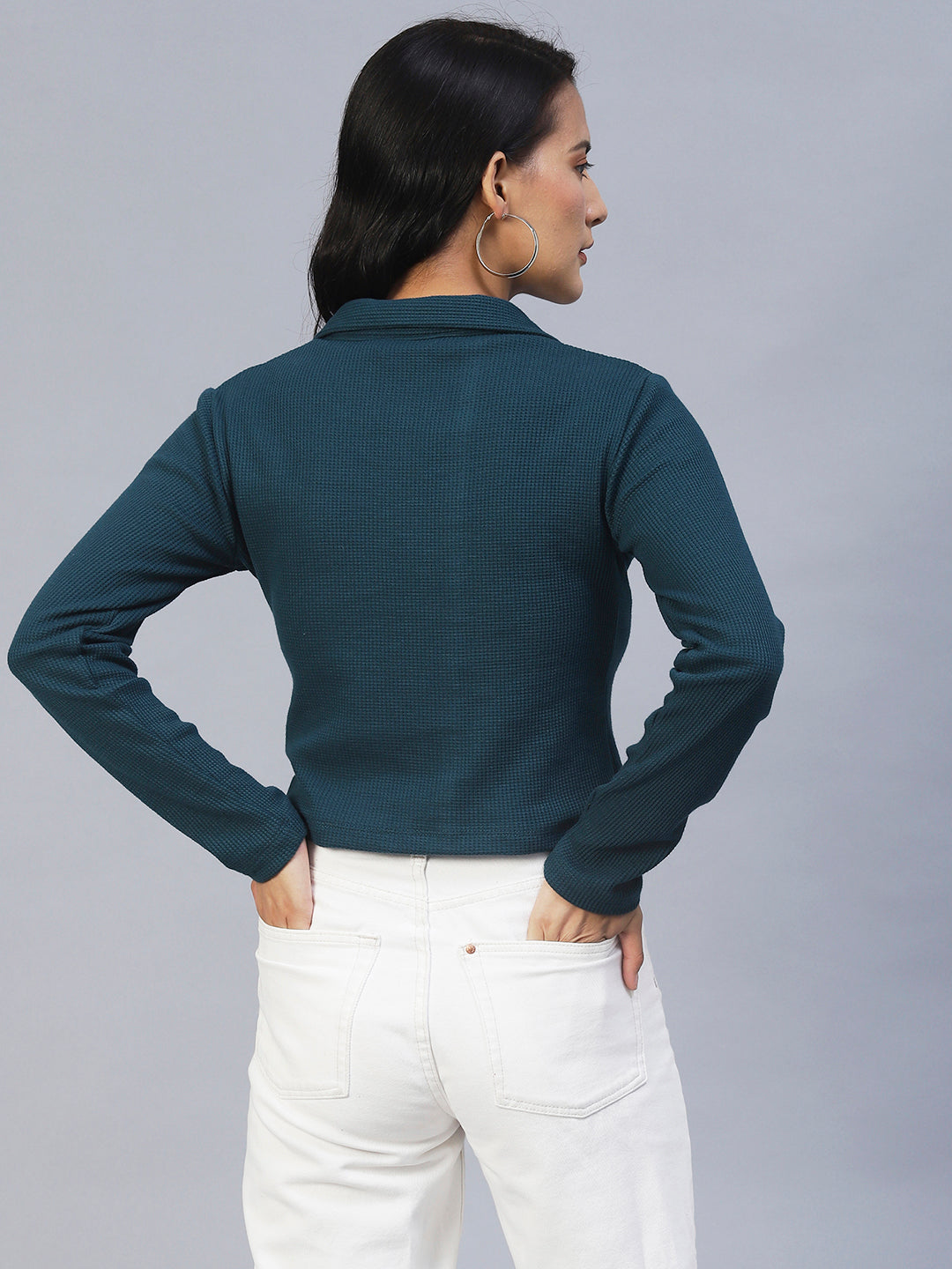 Women Teal Waffle Crop Top