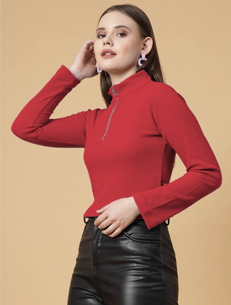 Women Maroon Waffle Top