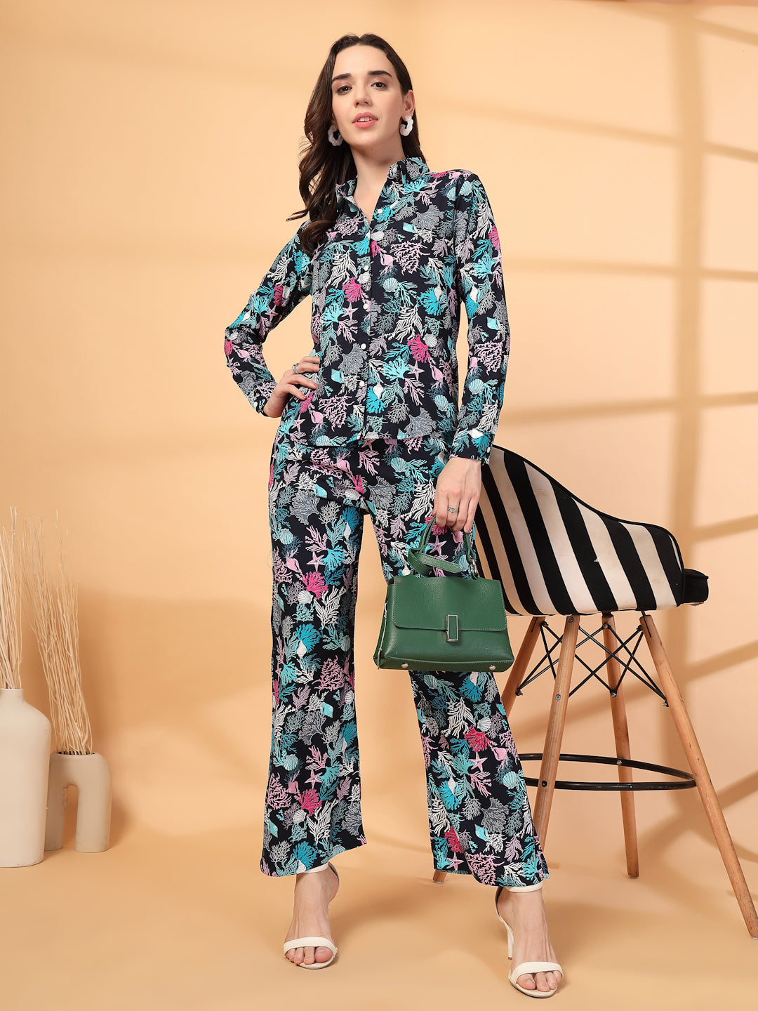 Women Navy Blue Floral Print Co-ords