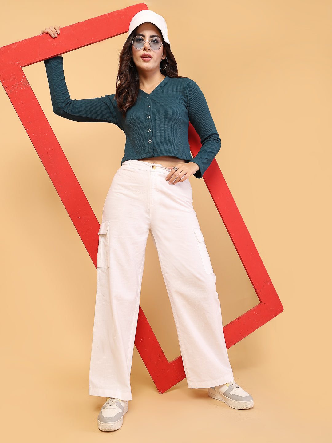 Women Teal Waffle Crop Top