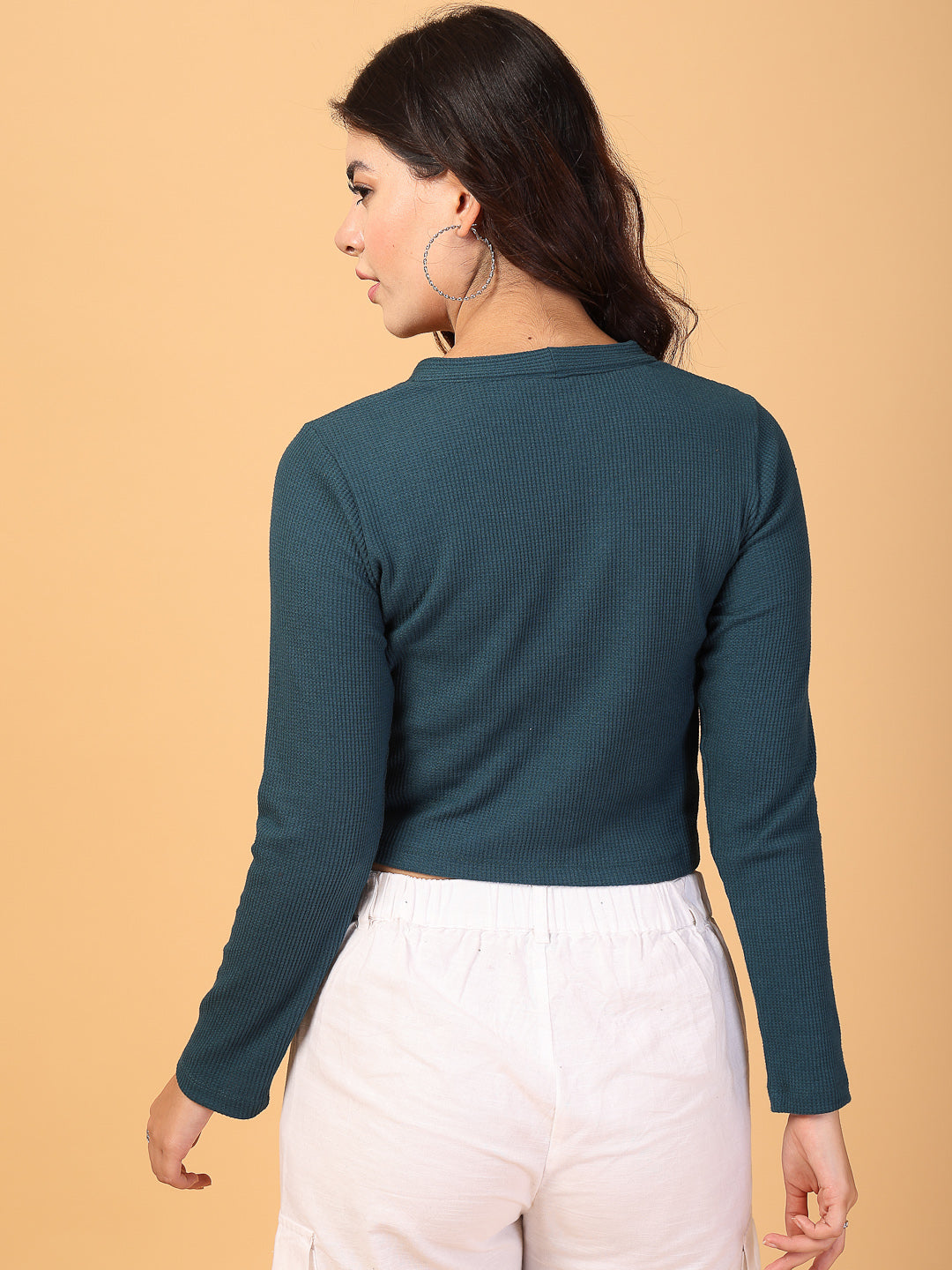 Women Teal Waffle Crop Top