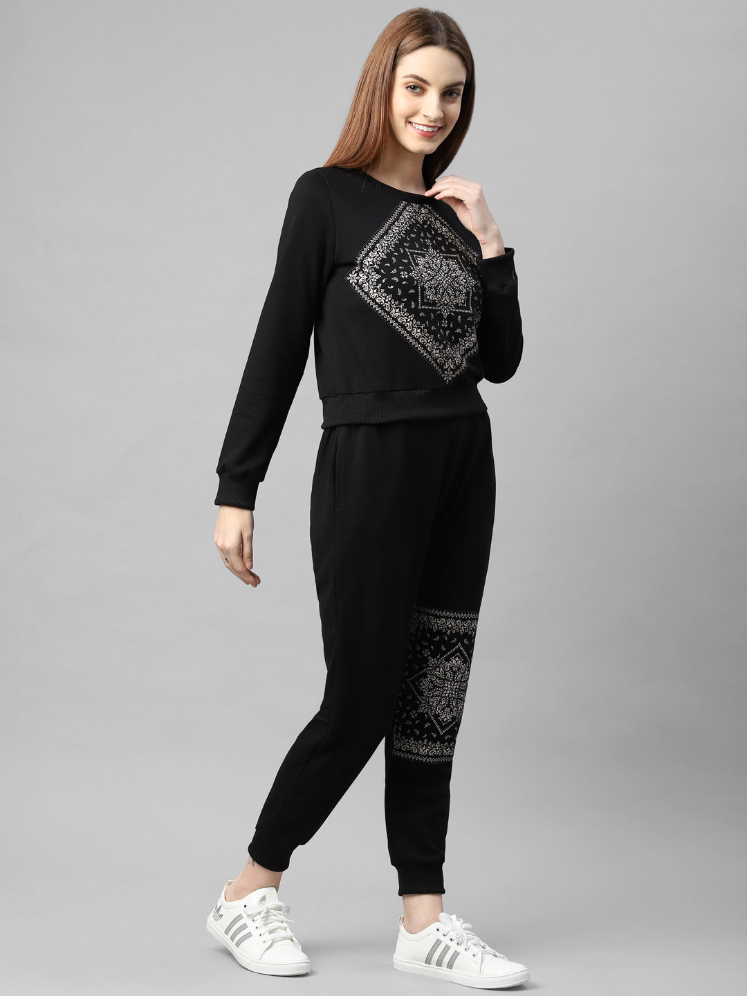 Women Black Printed Round Neck Terry Track Suit