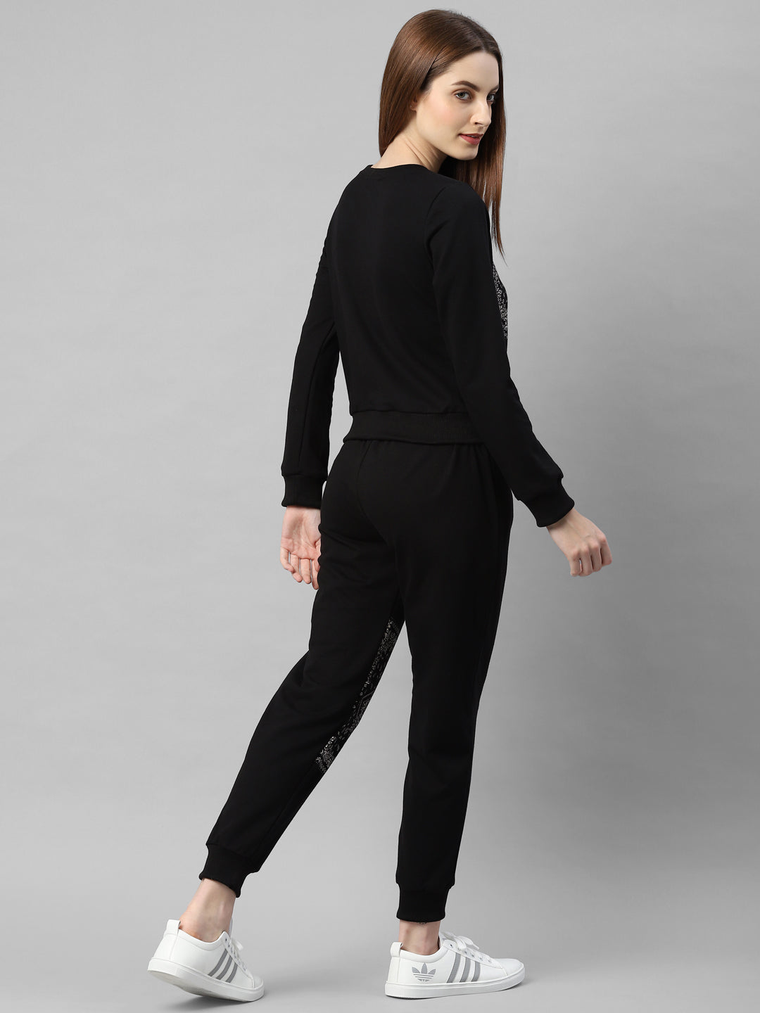 Women Black Printed Round Neck Terry Track Suit