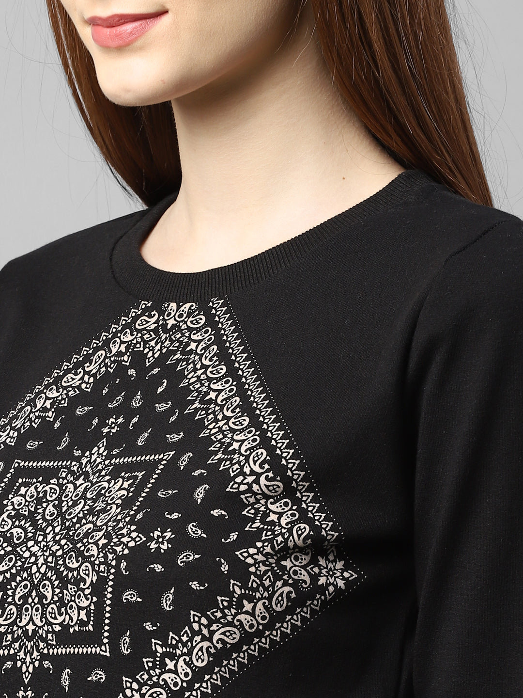 Women Black Printed Round Neck Terry Track Suit