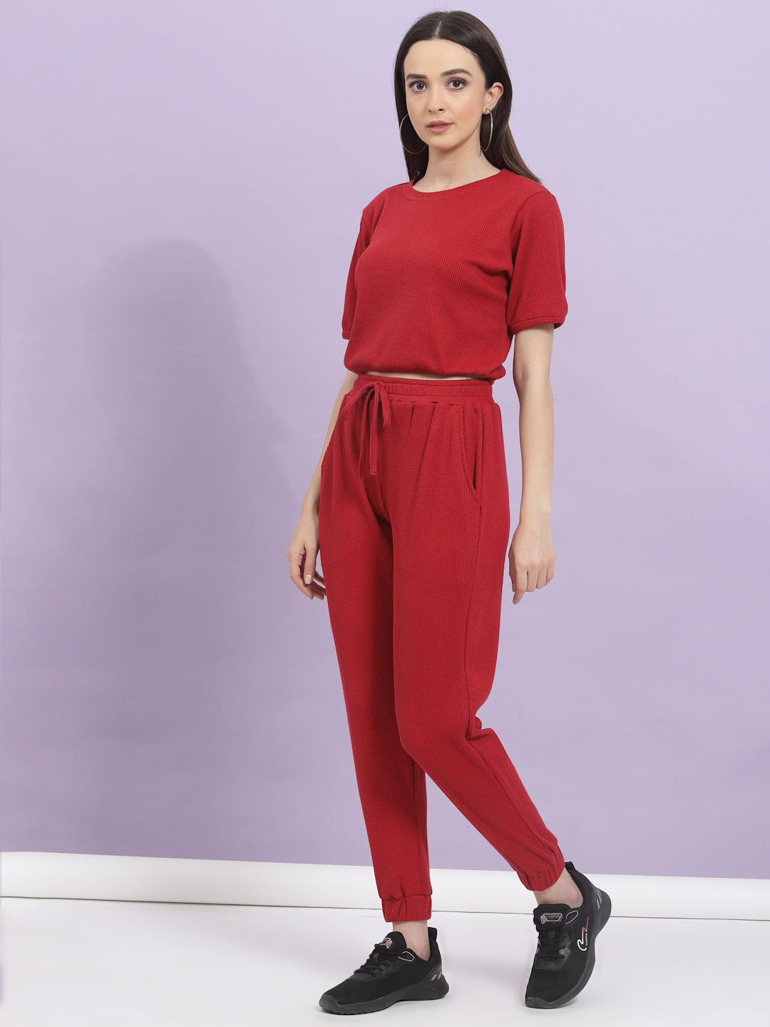 Women Maroon Waffle Co-ords