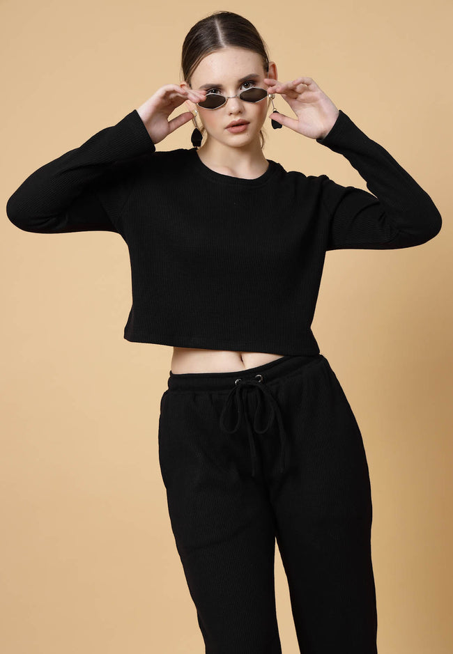 Women Black Waffle Solid Co-ords