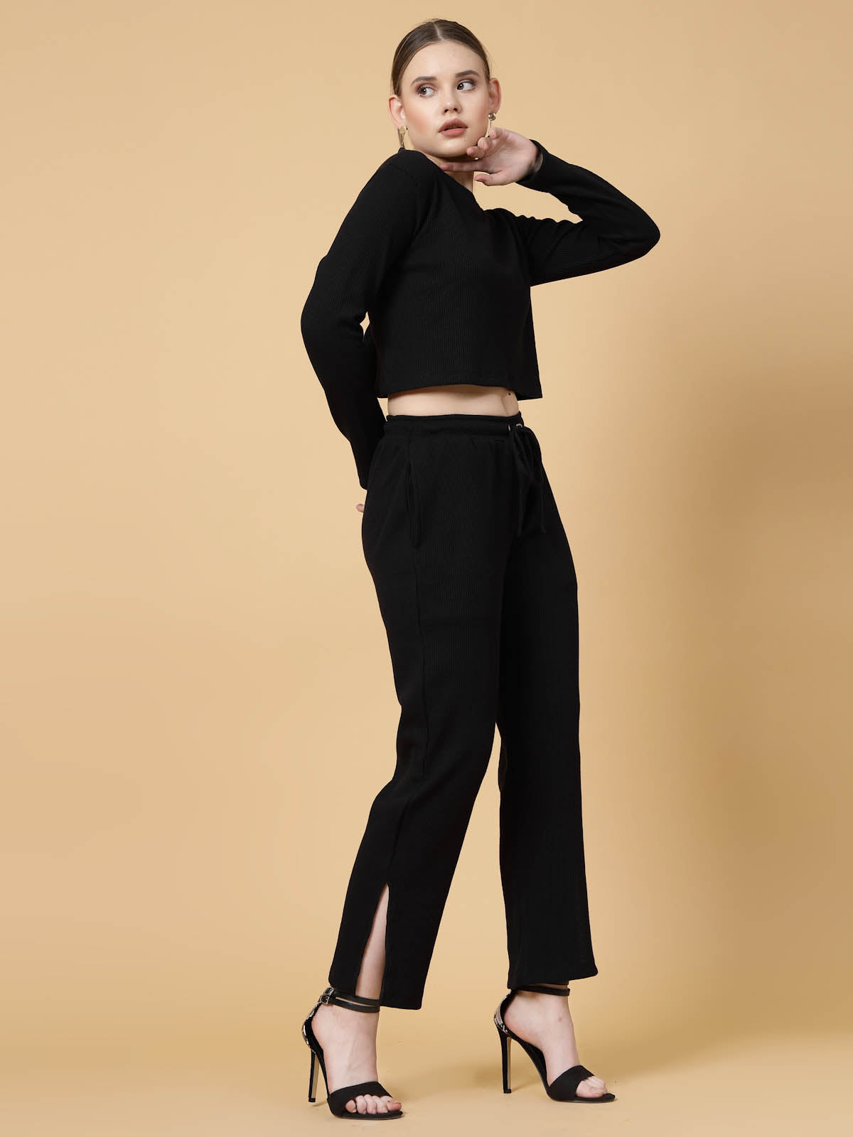 Women Black Waffle Solid Co-ords