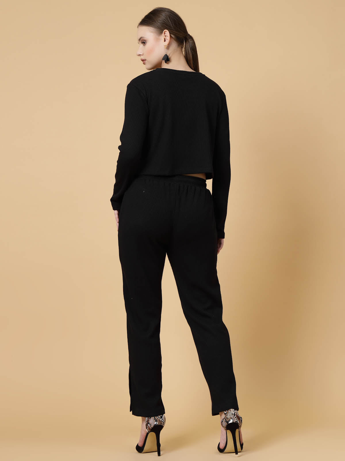 Women Black Waffle Solid Co-ords