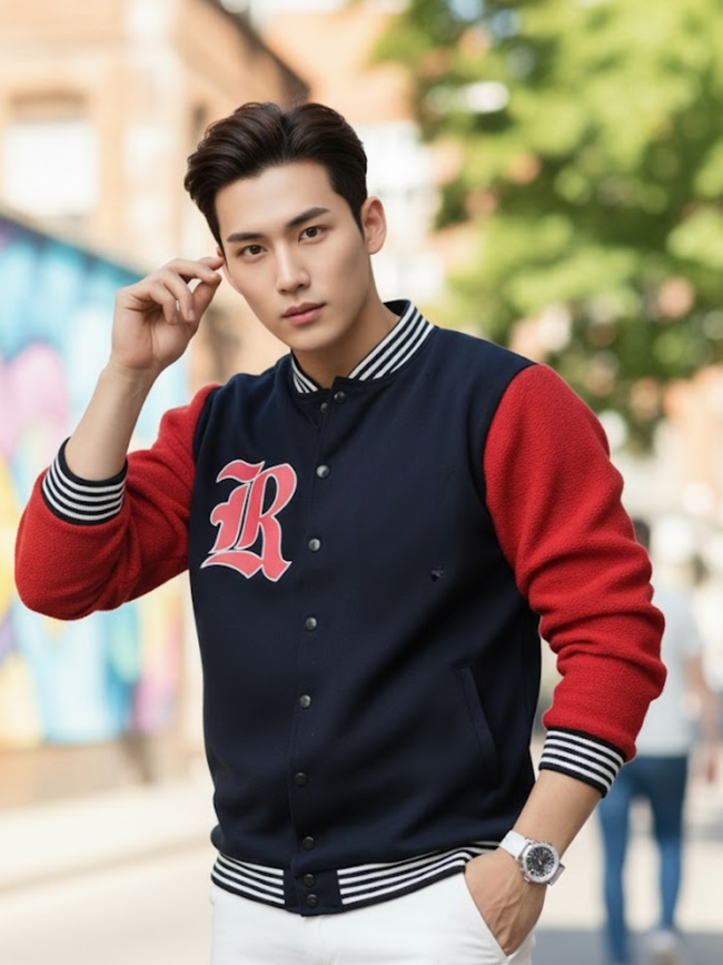 Men Red Fleece Colorblock Oversized Varsity