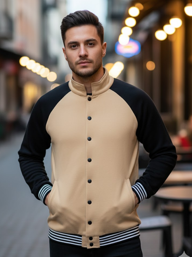 Men Cream Fleece Colorblock Oversized Bomber Jacket