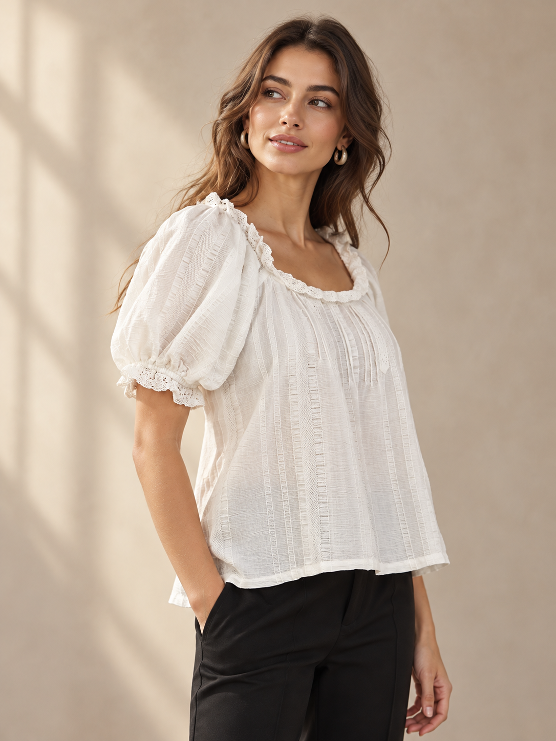 Women White Balloon Sleeve Top