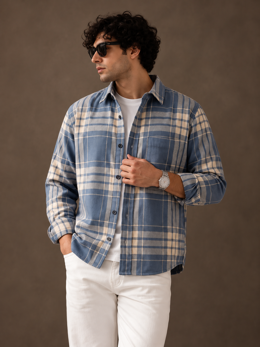 Men Blue Checked Plaid Shirt