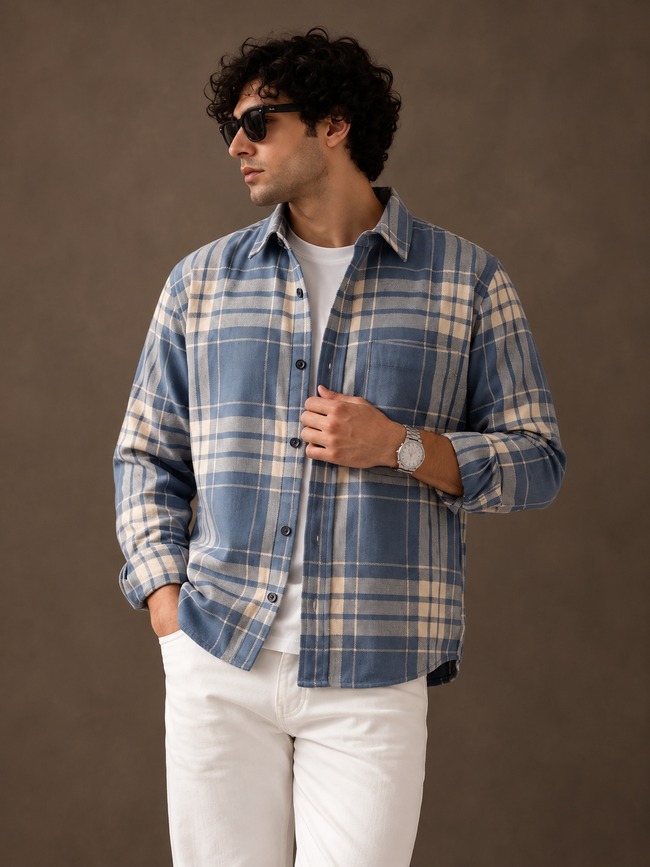 Men Blue Checked Plaid Shirt