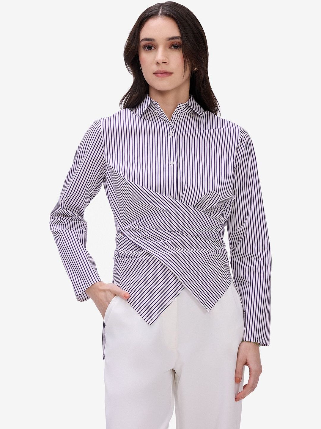 Women Purple Tie-Up Wrap Shirt