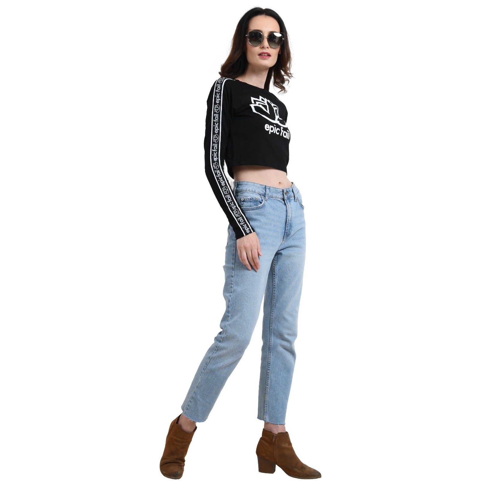 Women Black Crop Printed Top