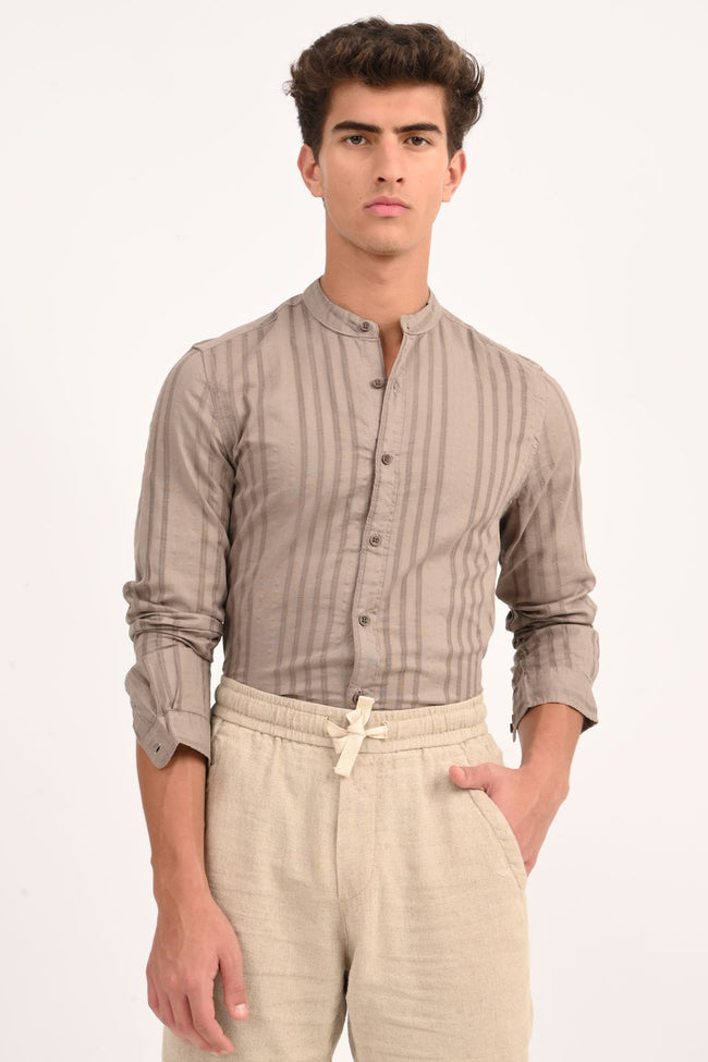 Mens Becky Sand Striped Linen Check Shirt