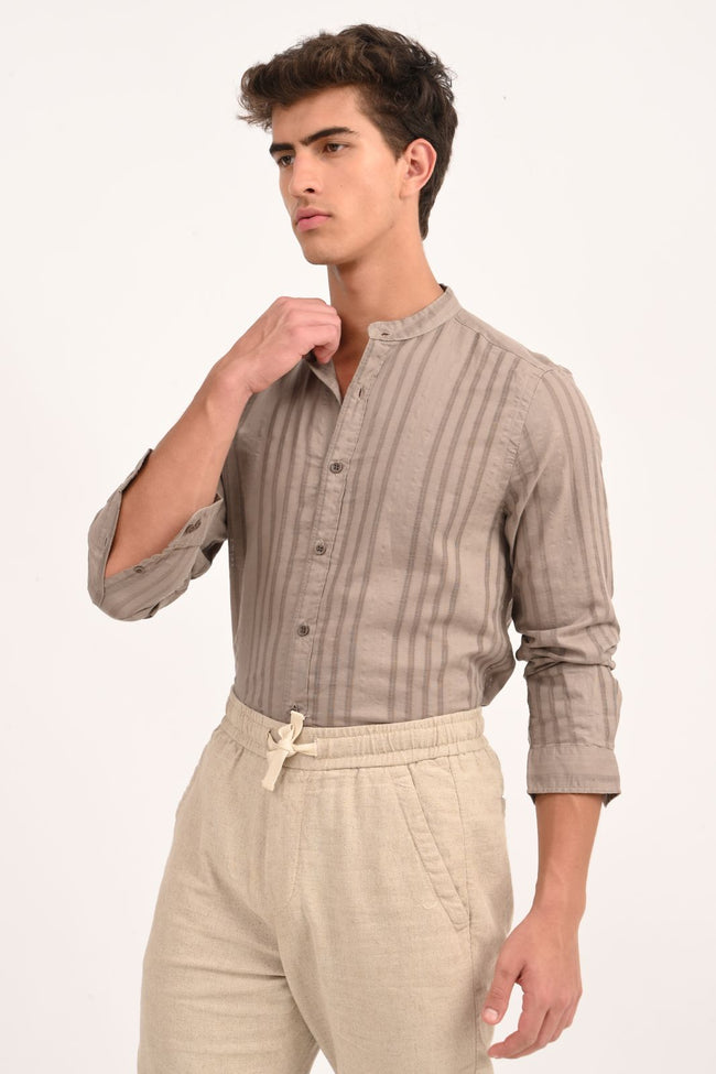 Mens Becky Sand Striped Linen Check Shirt
