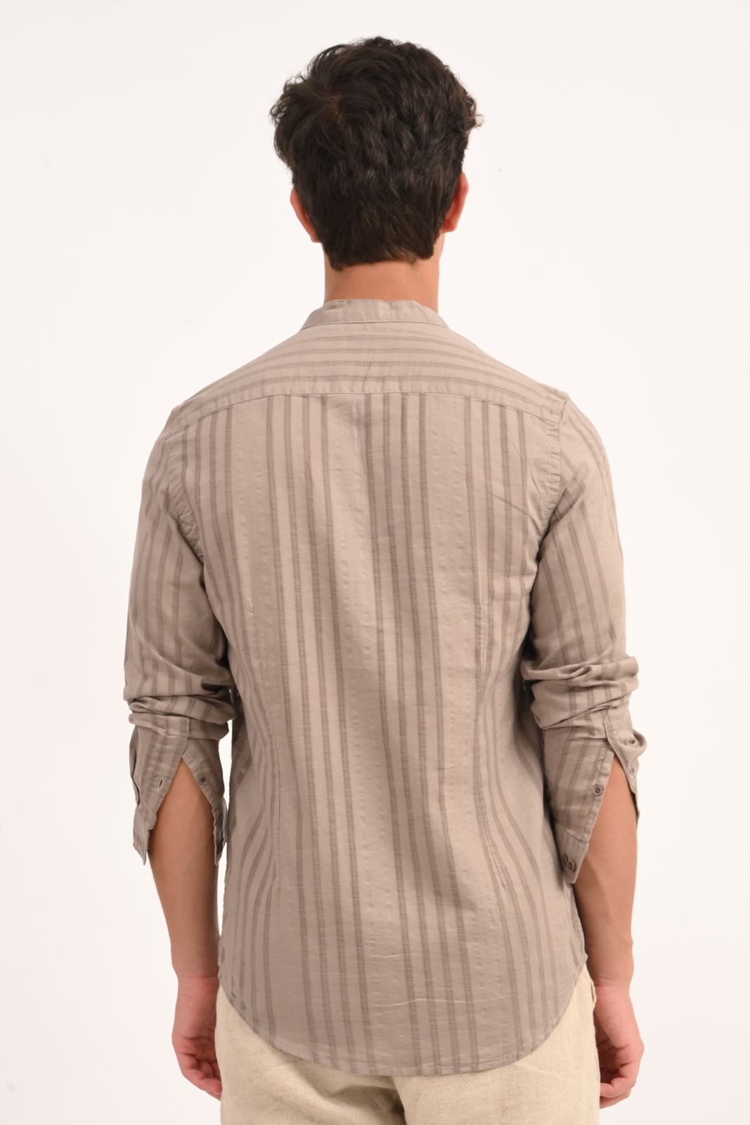 Mens Becky Sand Striped Linen Check Shirt
