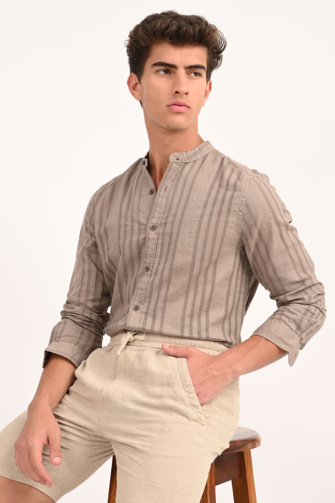 Mens Becky Sand Striped Linen Check Shirt