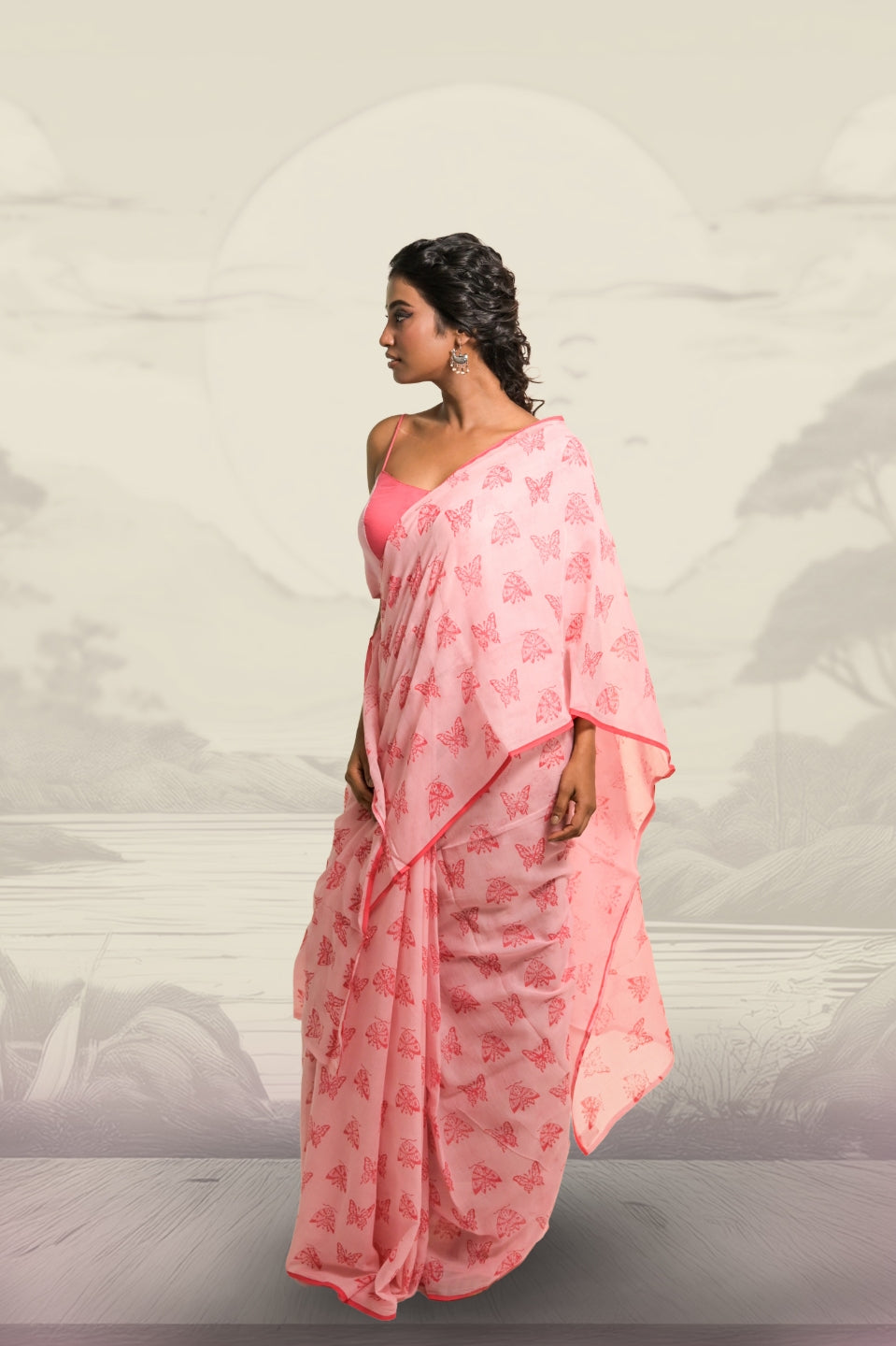 Winx Club Baby Pink Handloom Mul Cotton Saree with Handblock-Printed Butterfly Motifs