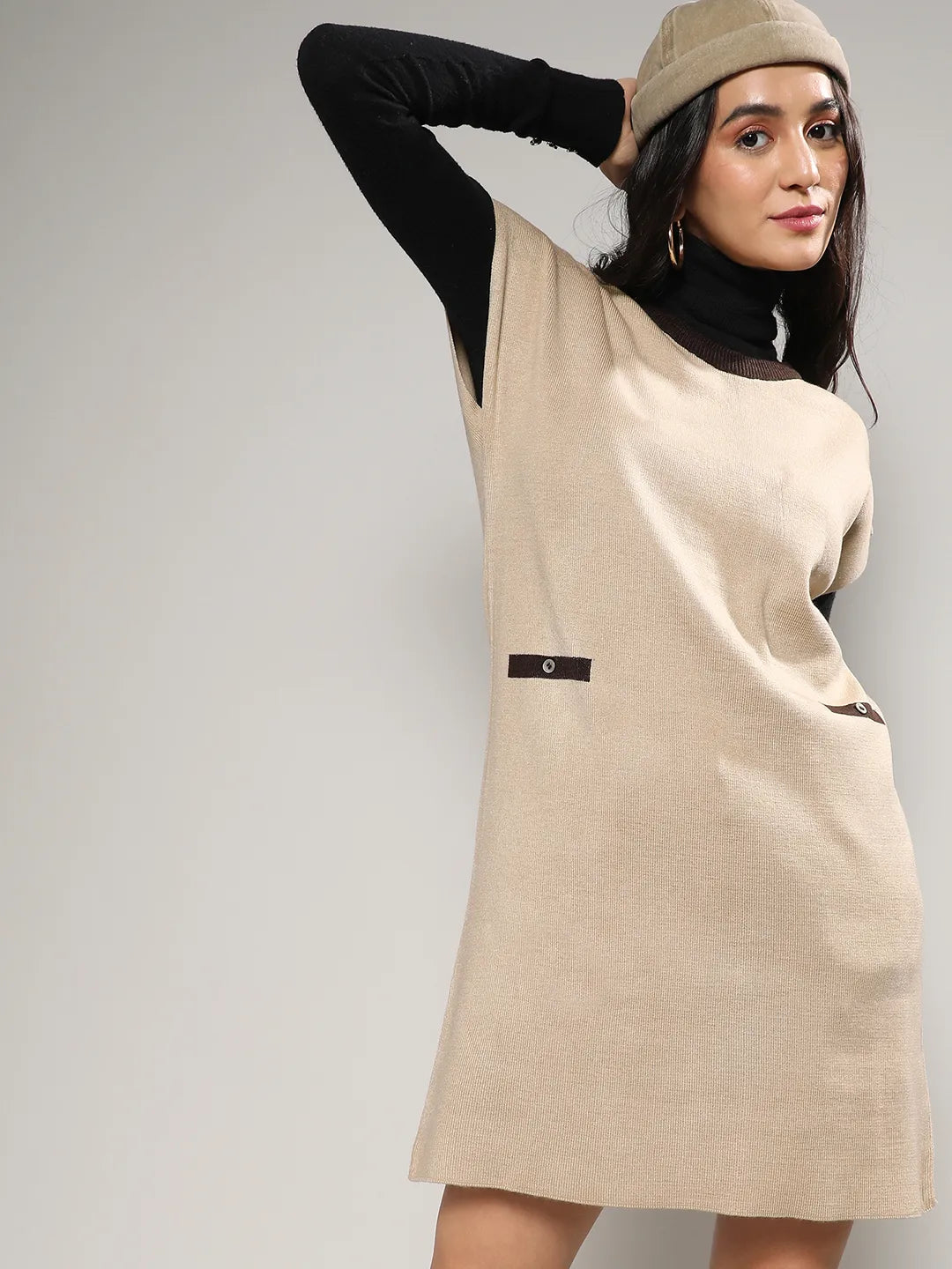 Women Beige Contrast Relaxed Sweater Dress