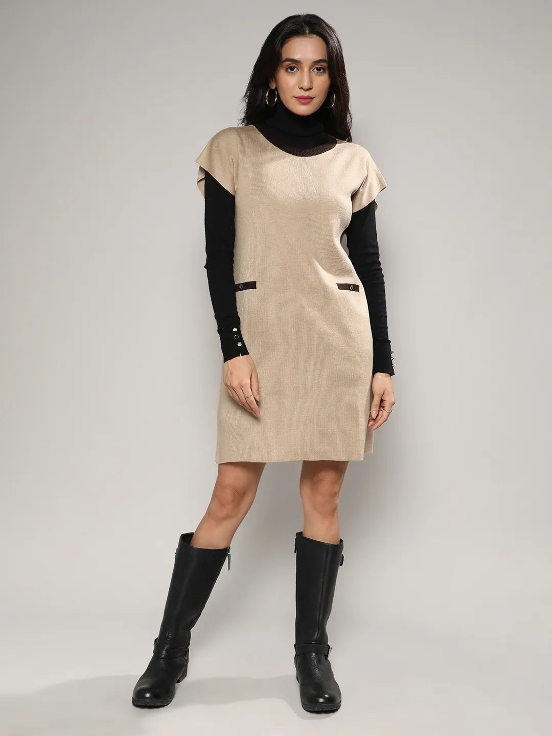Women Beige Contrast Relaxed Sweater Dress
