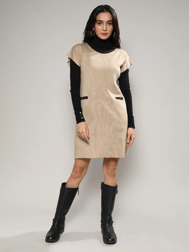 Women Beige Contrast Relaxed Sweater Dress