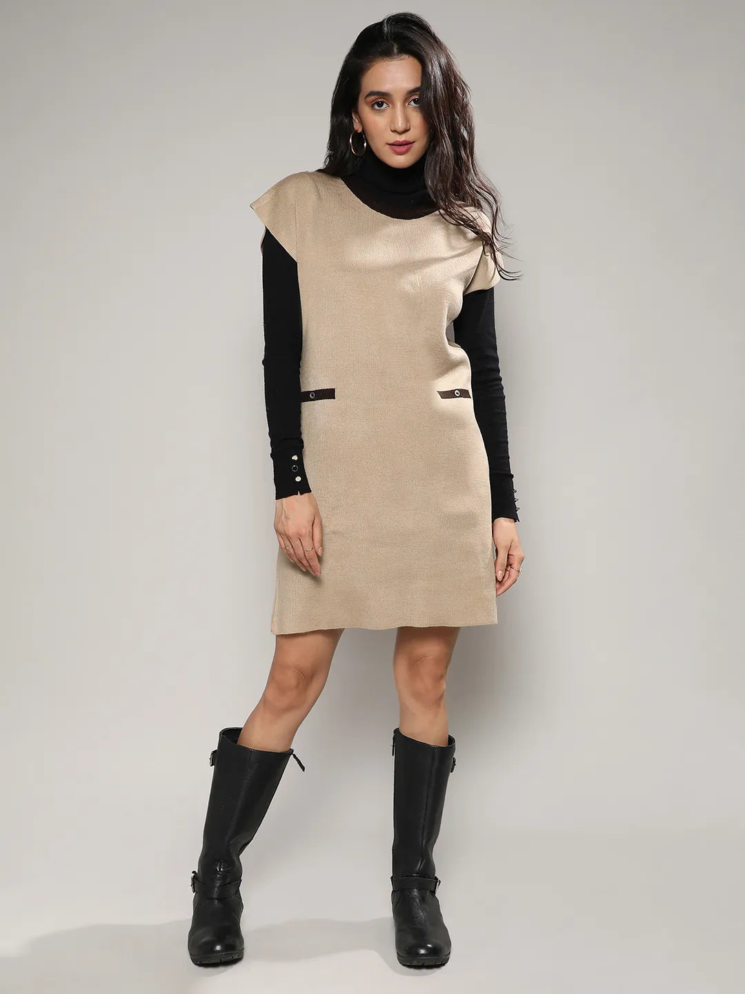 Women Beige Contrast Relaxed Sweater Dress