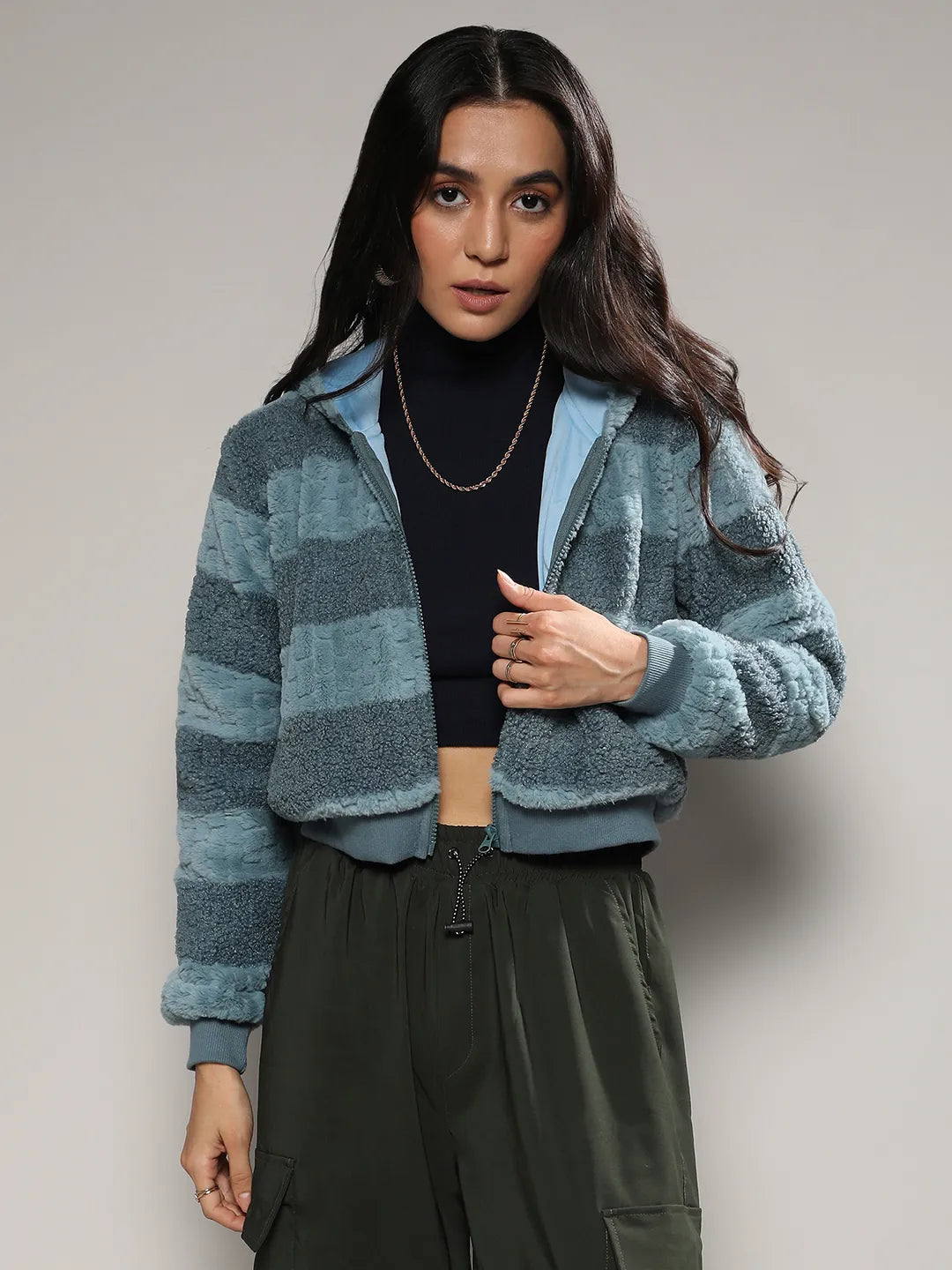 Women Blue Fur-Panel Zip-Front Hoodie