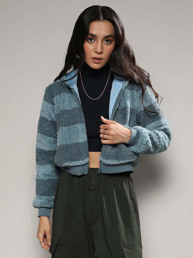 Women Blue Fur-Panel Zip-Front Hoodie