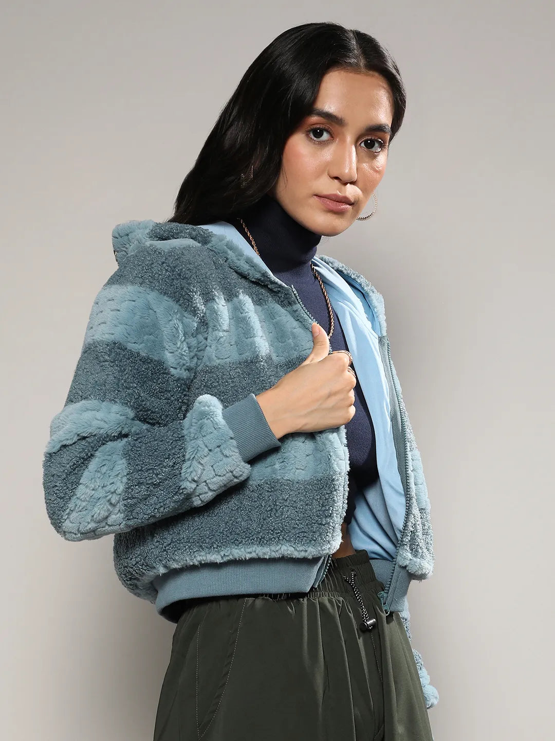 Women Blue Fur-Panel Zip-Front Hoodie