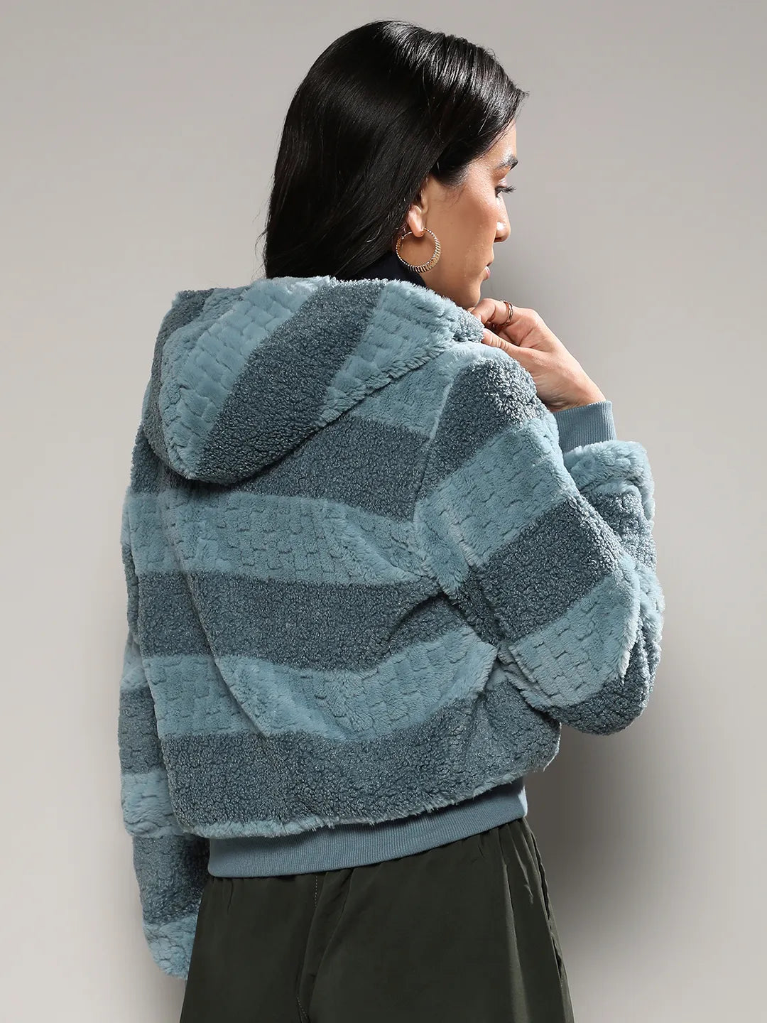 Women Blue Fur-Panel Zip-Front Hoodie