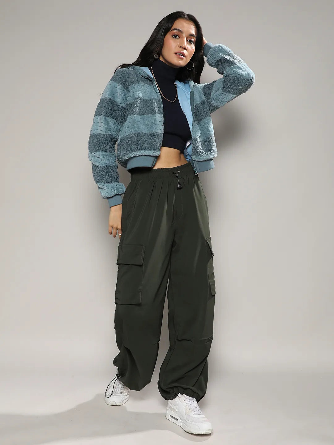 Women Blue Fur-Panel Zip-Front Hoodie
